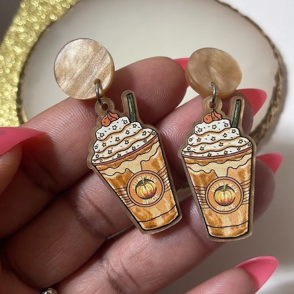 Pumpkin Spice Latte Coffee Drop Statement Earrings - Picture 5 of 11
